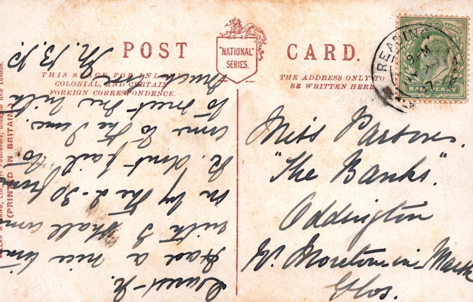 Vintage postcard with handwritten text and a stamp, featuring the National Series logo.