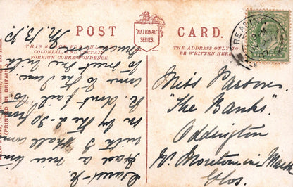 Vintage postcard with handwritten text and a stamp, featuring the National Series logo.