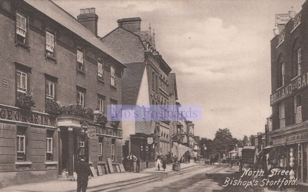 Vintage black and white photograph of a street scene with buildings and pedestrians in Bishop's Stortford.