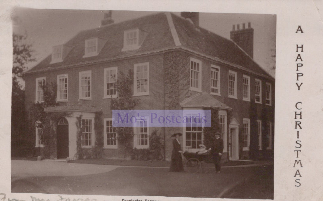 Vintage black and white postcard of a large house with a person and horse-drawn carriage in front, featuring 'M's Postcards' branding.