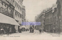 Load image into Gallery viewer, Vintage black and white photograph of Old Town Street in Plymouth with trams and pedestrians.
