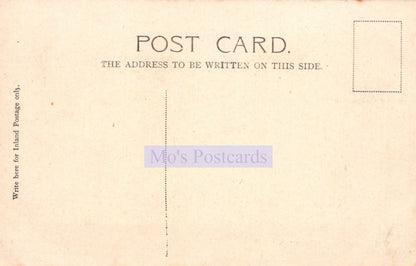 Back of a vintage postcard with text and a stamp area.