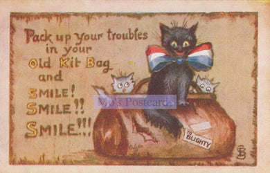Vintage-style postcard with a black cat and kittens, featuring text and a decorative border.