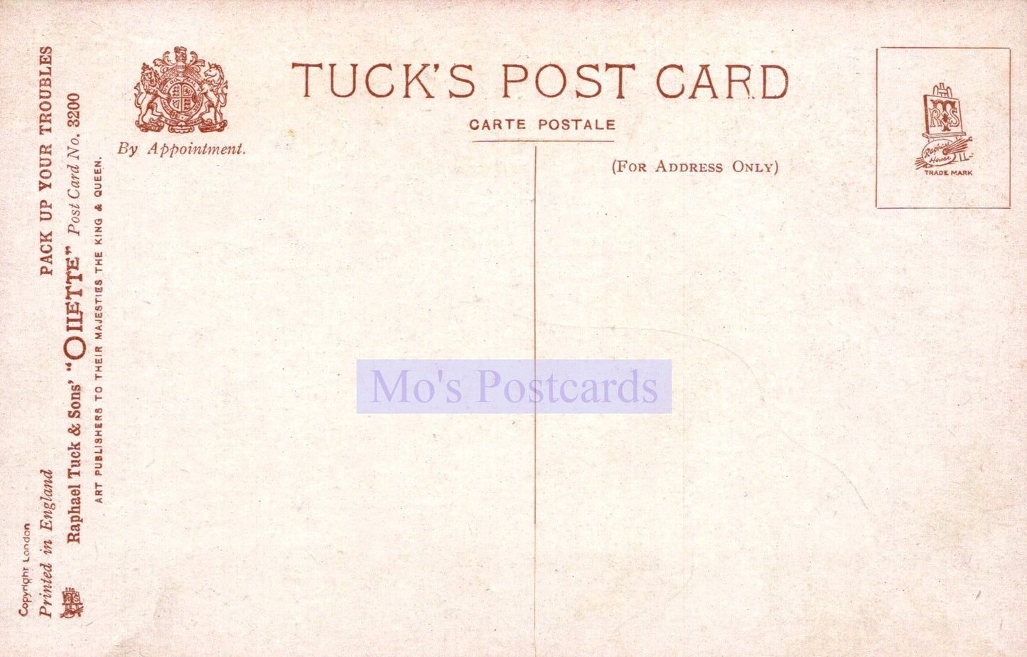 Back of a Tuck's postcard with branding and text