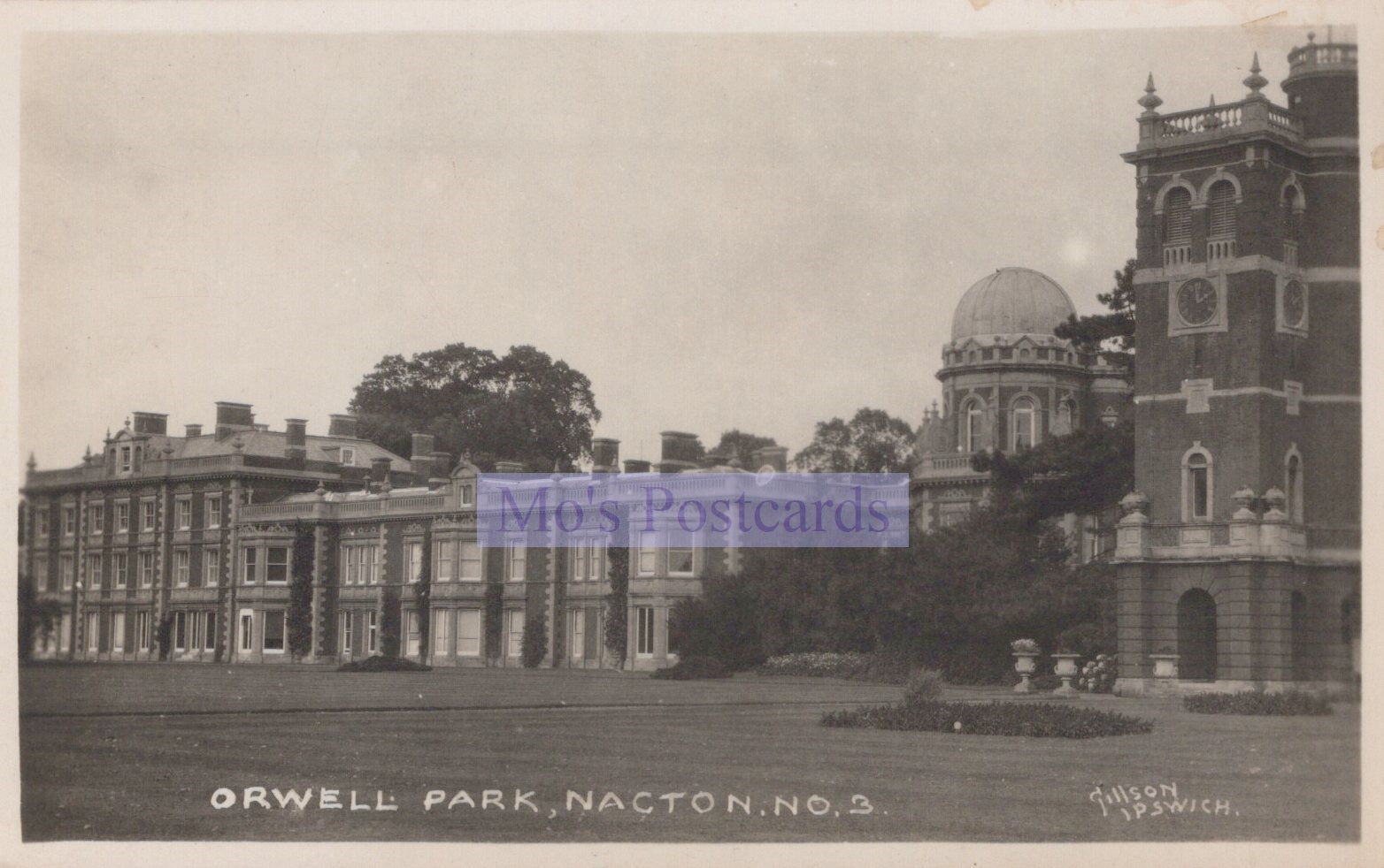 Vintage black and white postcard of Orwell Park in Nacton, featuring a large building with a dome.