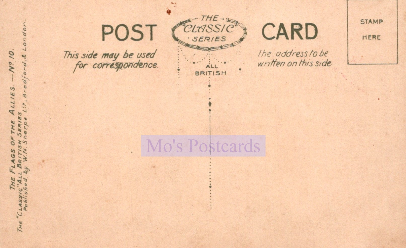 Back of a vintage postcard with 'Mo's Postcards' branding