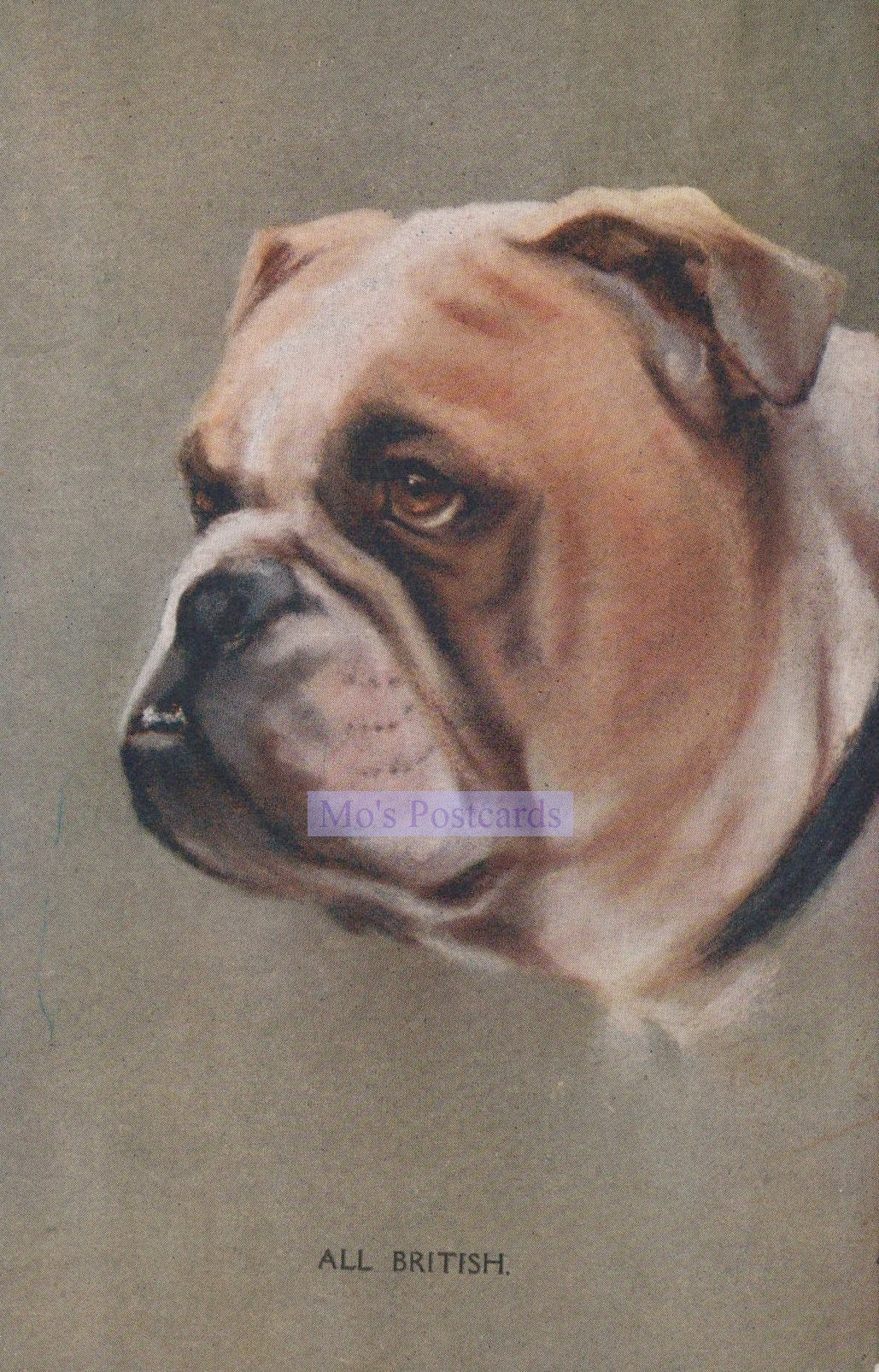 Artistic depiction of a bulldog's face on a textured background