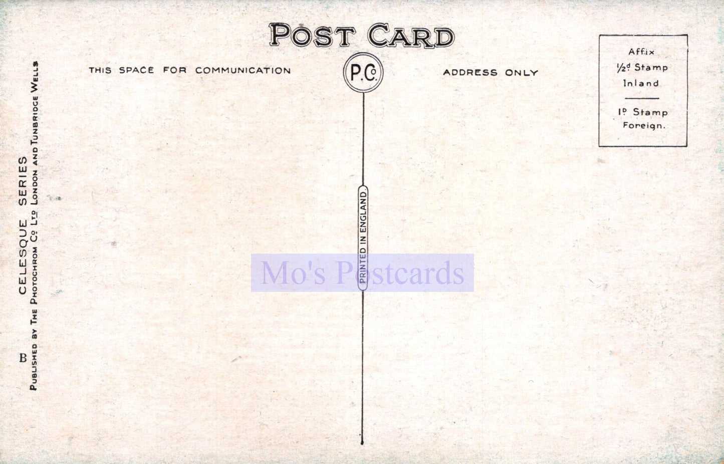 Back of a vintage postcard with postal markings and 'Mo's Postcards' branding.