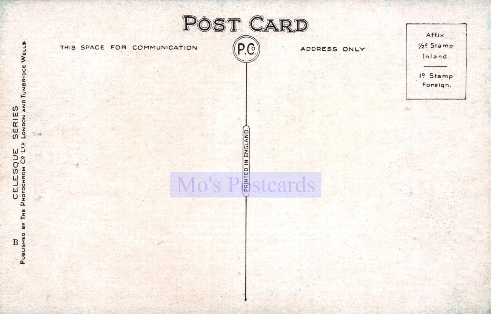Back of a vintage postcard with postal markings and 'Mo's Postcards' branding.