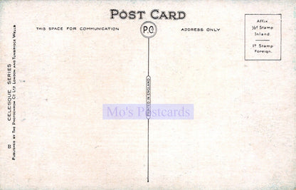 Back of a vintage postcard with postal markings and 'Mo's Postcards' branding.