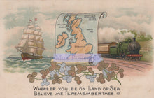 Load image into Gallery viewer, Vintage illustration with a ship, train, and map of the British Isles.
