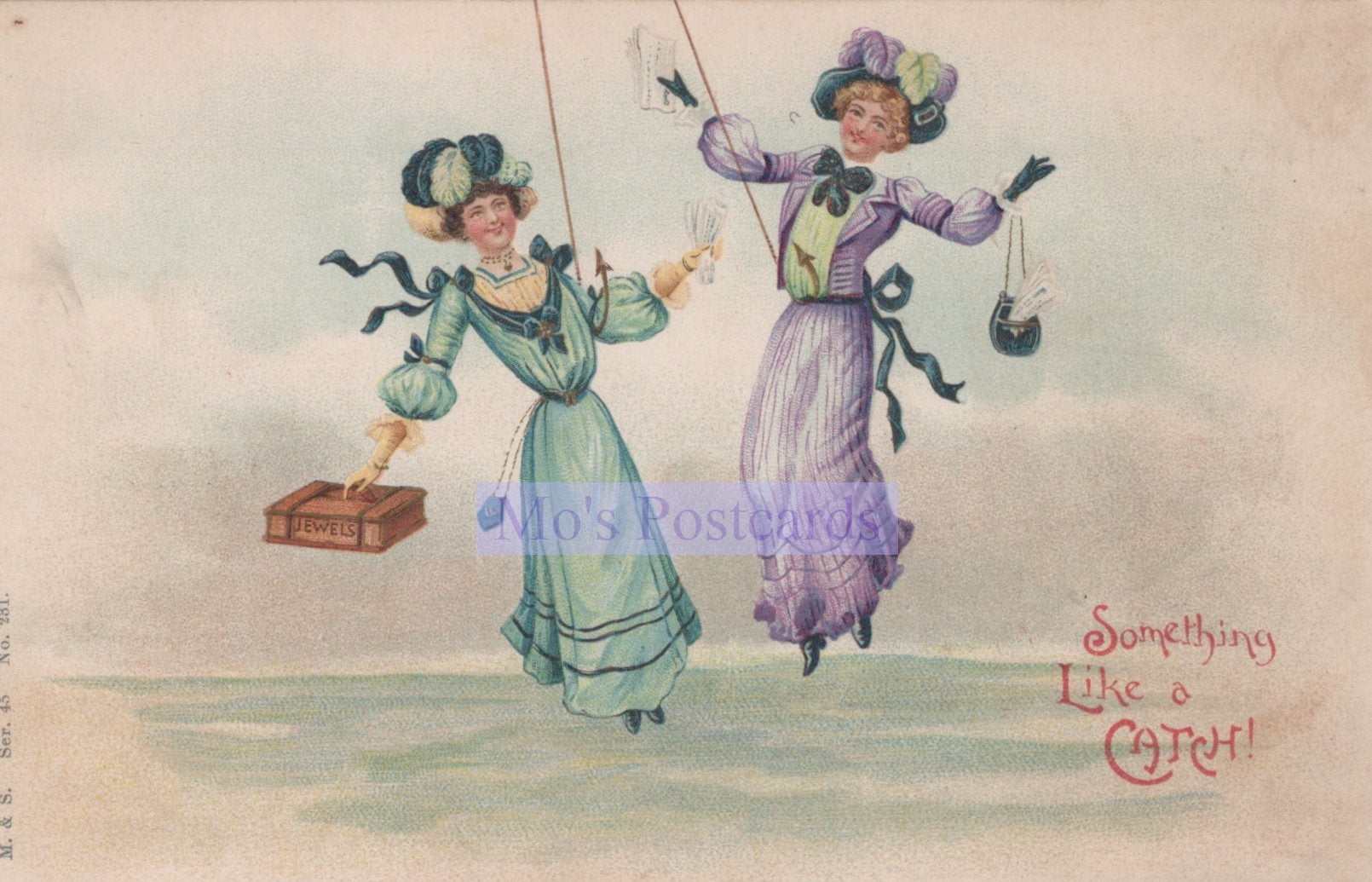 Two women in vintage dresses with a text overlay on a light background