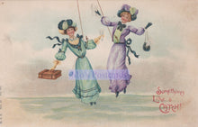 Load image into Gallery viewer, Two women in vintage dresses with a text overlay on a light background
