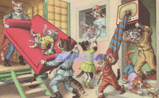 Anthropomorphic Cats Postcard - Artist Alfred Mainzer, Moving Home SW20236