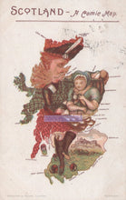 Load image into Gallery viewer, Cartoon map of Scotland with a person in traditional Scottish attire
