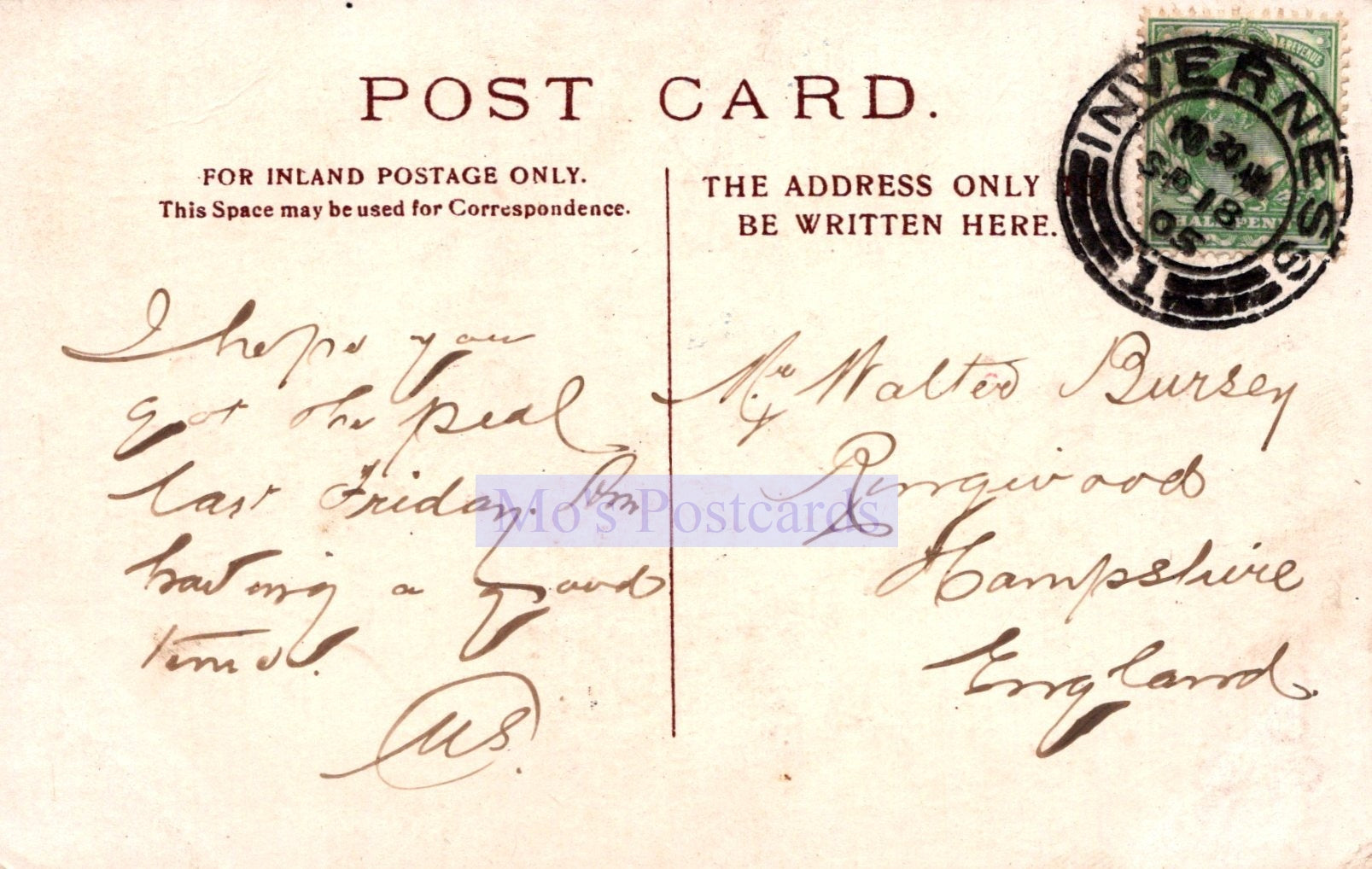 Vintage postcard with handwritten text and a stamp, featuring the word 'INVERNESS'.