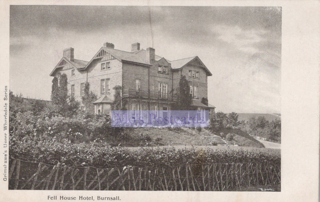 Vintage black and white photograph of a large house with a garden, labeled 'Fell House Hotel, Burnsall'.