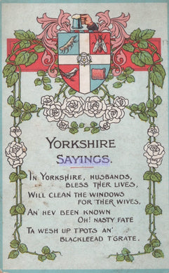 Vintage-style card with Yorkshire Sayings text and decorative elements.