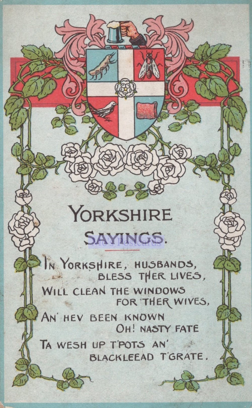 Vintage-style card with Yorkshire Sayings text and decorative elements.