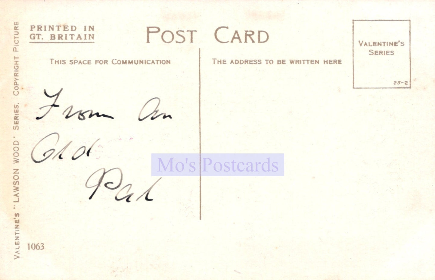 Vintage postcard with text and a signature, featuring the brand 'Mo's Postcards'.