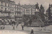 Load image into Gallery viewer, Vintage black and white photo of a city square with a statue and people walking around.

