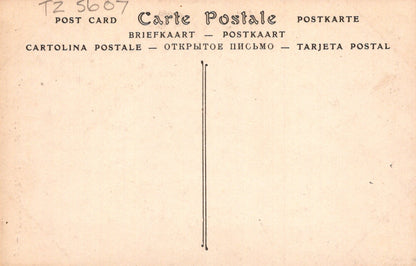Vintage postcard with text in multiple languages on a beige background
