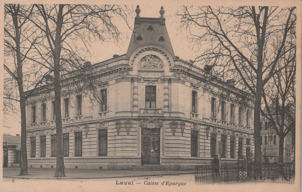 Vintage black and white photograph of a large building with decorative architecture, likely a bank or similar institution, in Laval.