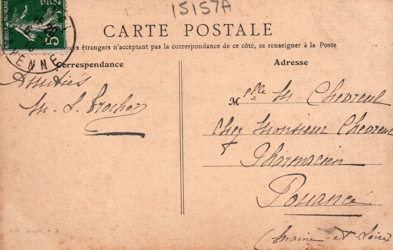 Vintage French postcard with text and stamp