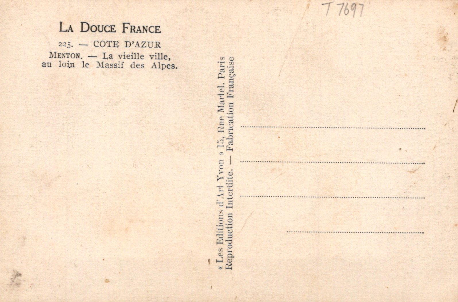 Vintage postcard with text about Menton and the Alps, featuring a beige background.