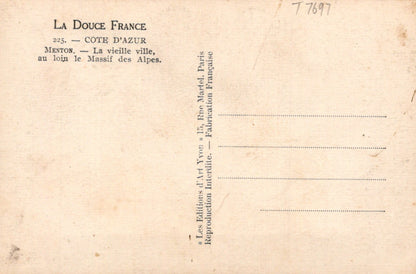 Vintage postcard with text about Menton and the Alps, featuring a beige background.