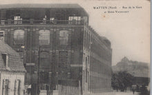 Load image into Gallery viewer, Vintage black and white photo of a building with &#39;Watten (Nord) - Rue de la Gare et Usine Vandemet&#39; text.

