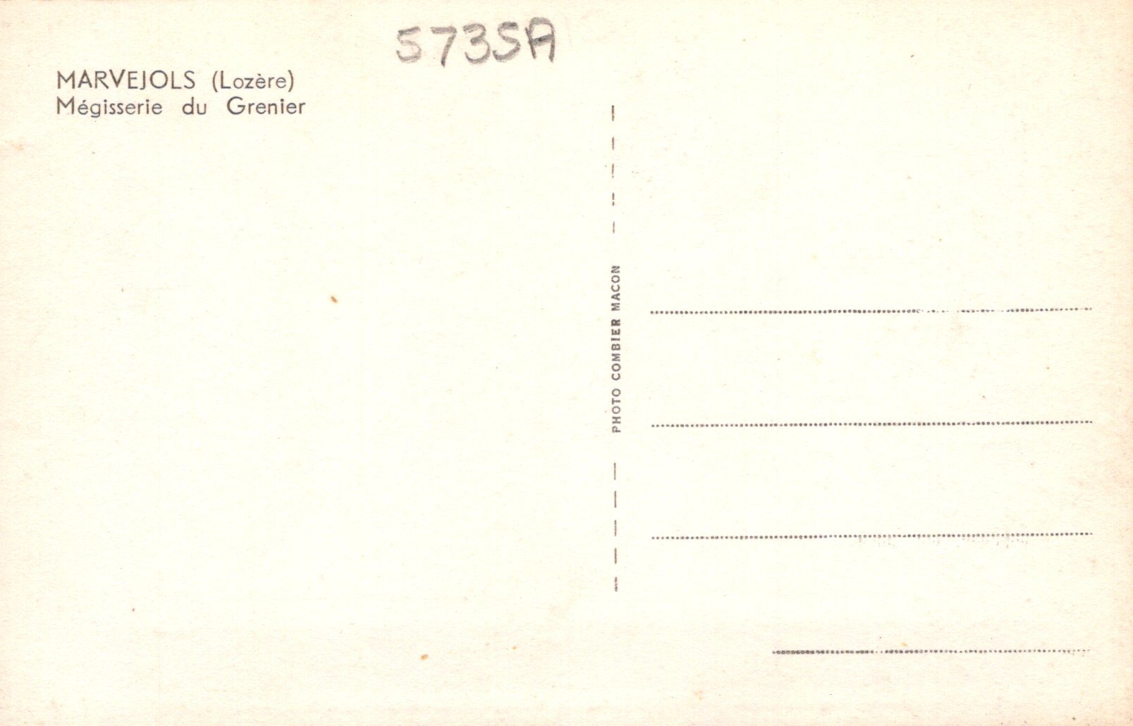 Back of a postcard with text and a grid for writing, on a beige background.