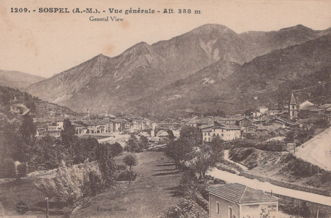 Vintage black and white postcard of a town with mountains in the background