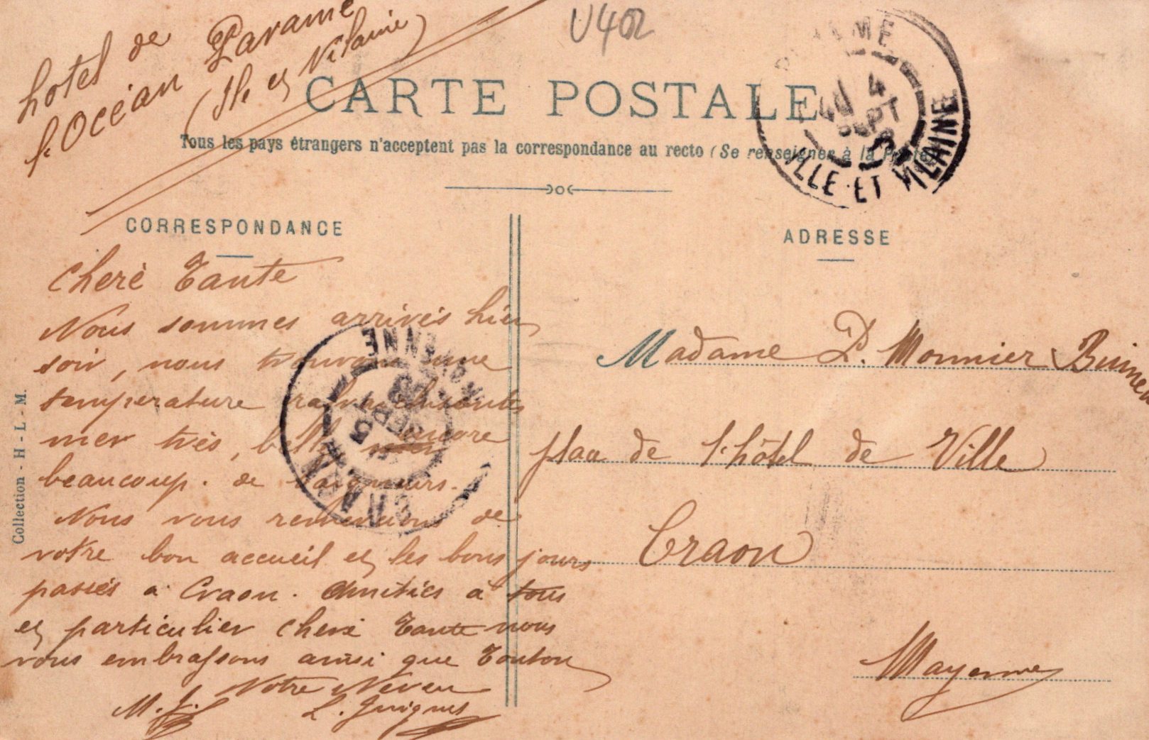 Vintage French postcard with stamps and handwritten text