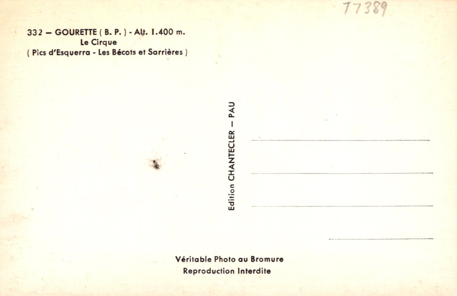 Vintage postcard with text and a small illustration of a mountain scene.