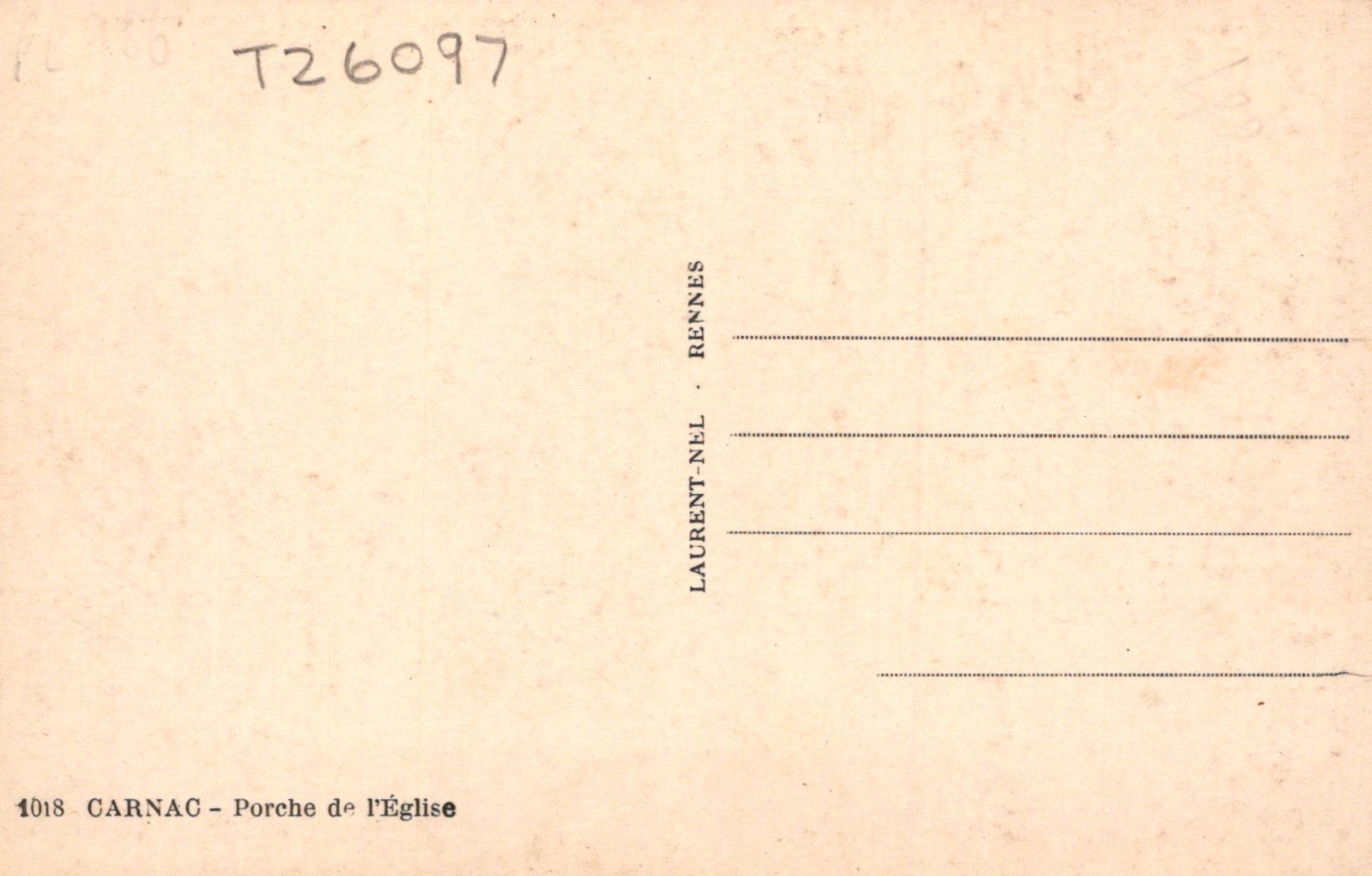 Back of a postcard with text and a grid for writing, on a beige background.