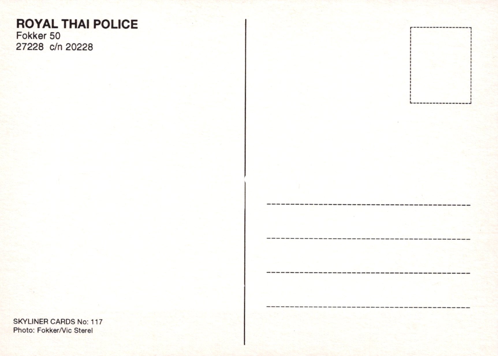 Civil Aviation Postcard - Royal Thai Police Fokker 50 Aeroplane  SW19011