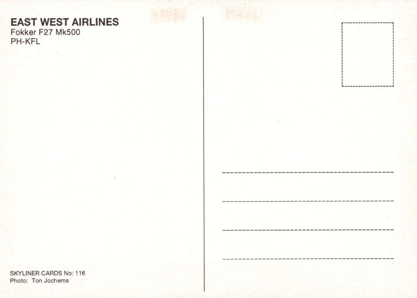 Civil Aviation Postcard - East West Airlines Fokker F27 Mk500 Aeroplane  SW19099