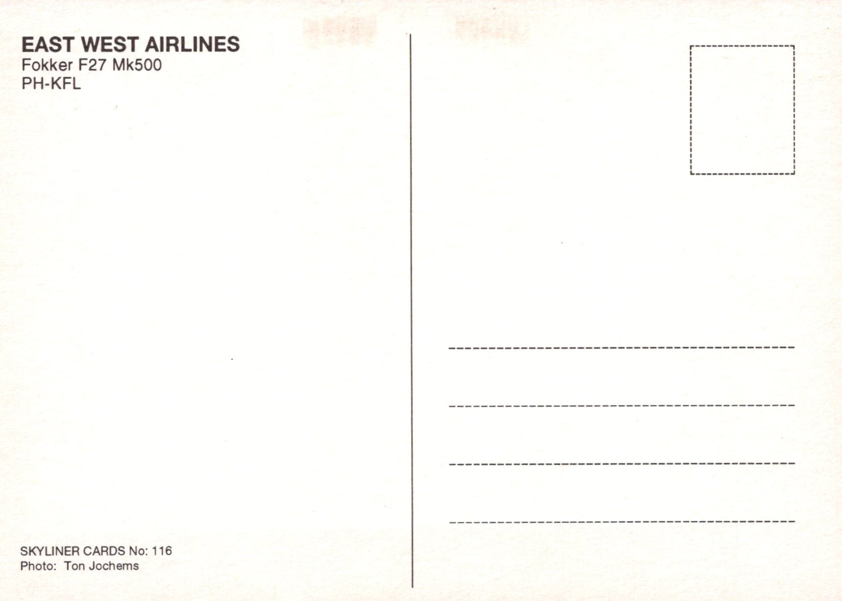Civil Aviation Postcard - East West Airlines Fokker F27 Mk500 Aeroplane  SW19099