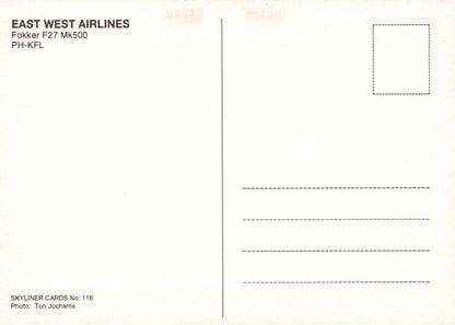 Civil Aviation Postcard - East West Airlines Fokker F27 Mk500 Aeroplane  SW19099