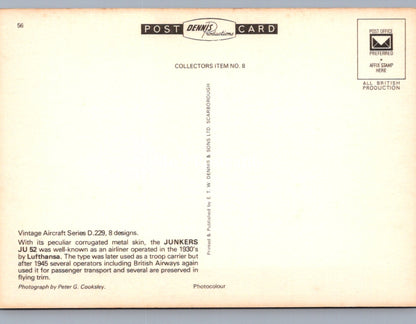 Civil Aviation Postcard - Lufthansa Junkers JU52 Aeroplane  SW19106