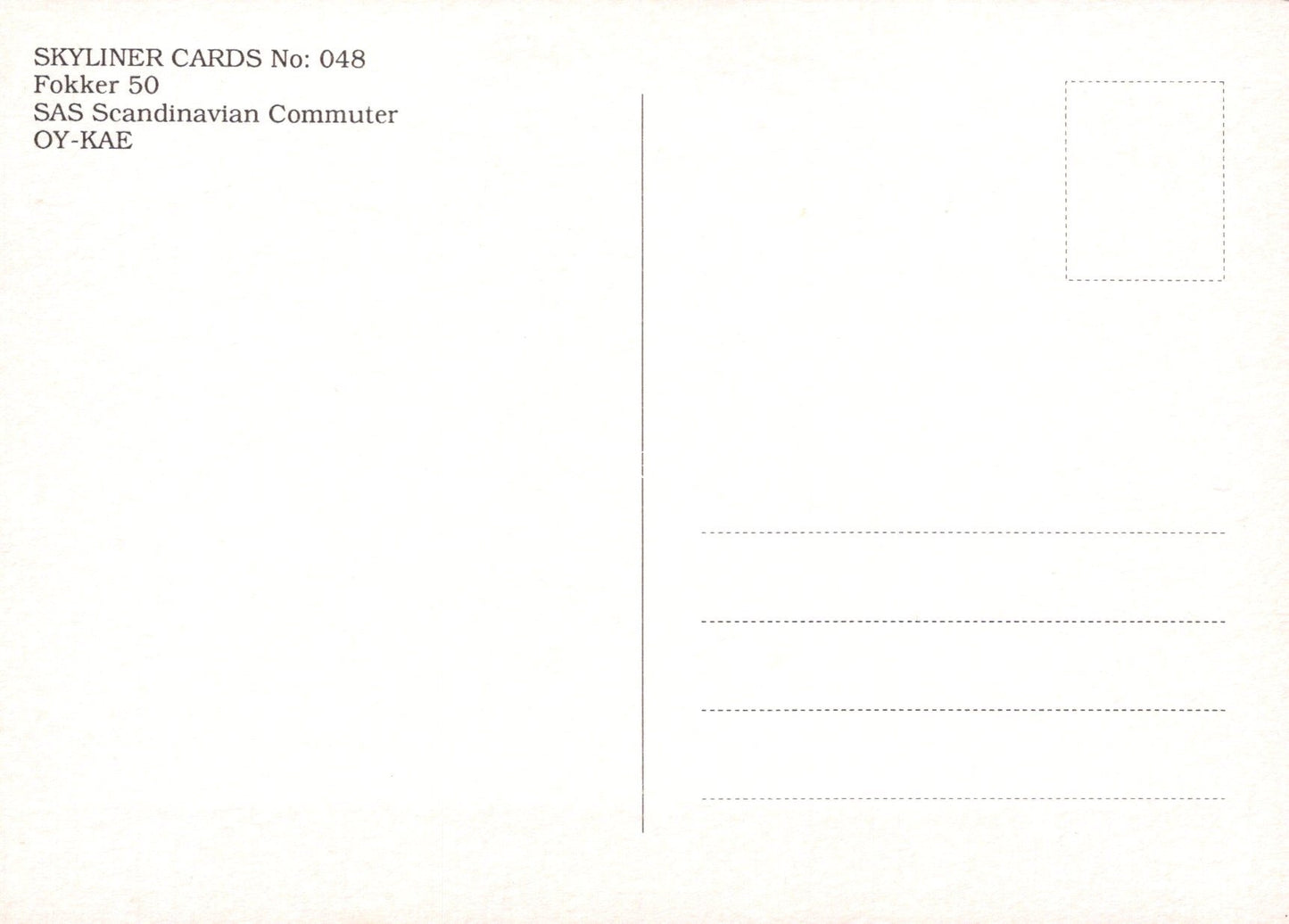 Civil Aviation Postcard - SAS Scandinavian Commuter Fokker 50 Aeroplane  SW19112