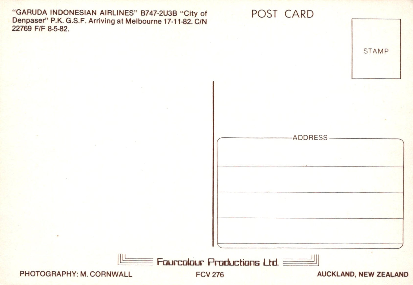 Vintage postcard with address field and stamp area, featuring Garuda Indonesian Airlines.