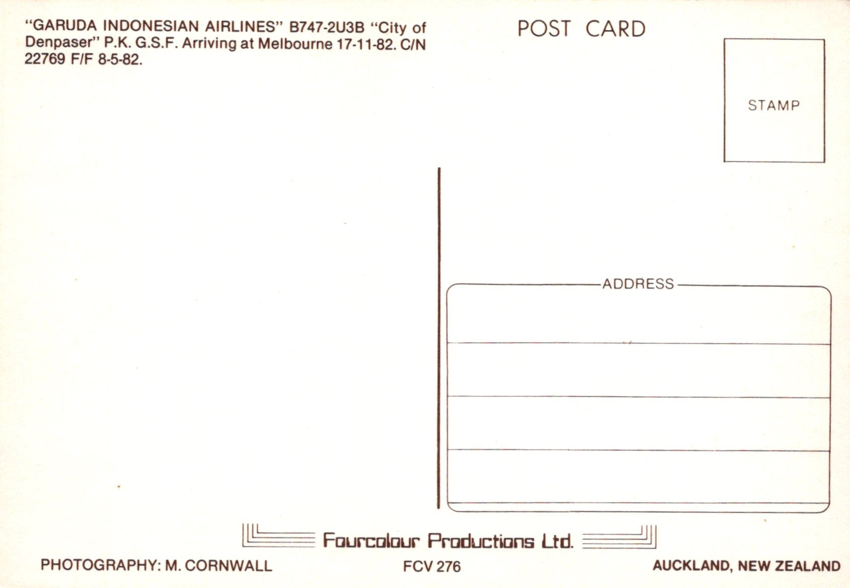 Vintage postcard with address field and stamp area, featuring Garuda Indonesian Airlines.