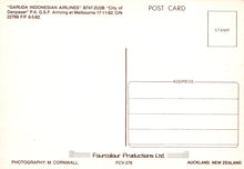 Load image into Gallery viewer, Vintage postcard with address field and stamp area, featuring Garuda Indonesian Airlines.
