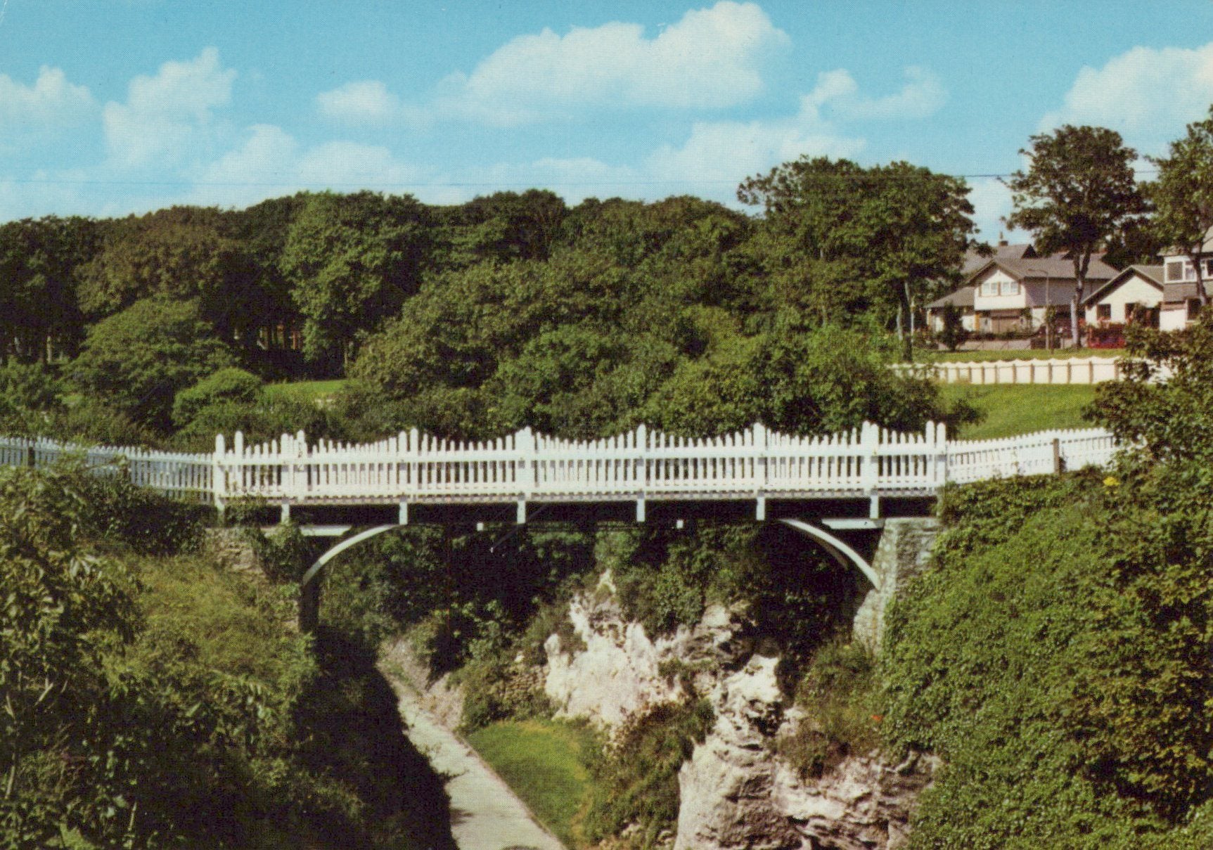 White suspension bridge over a river with lush greenery on either side.