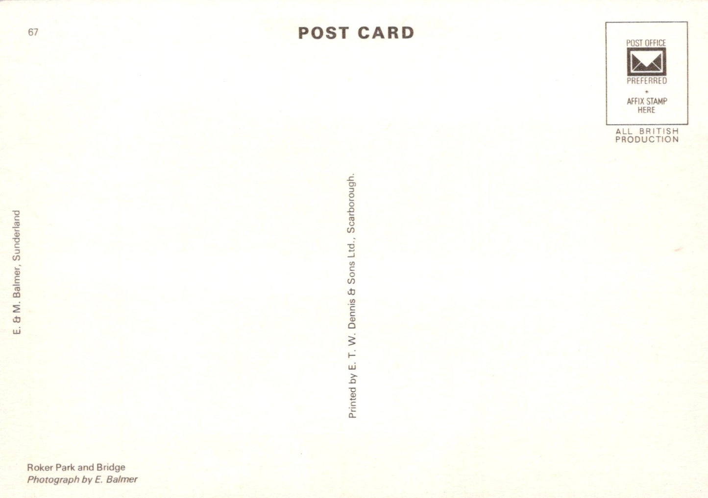 Back of a postcard with text and a logo on a white background