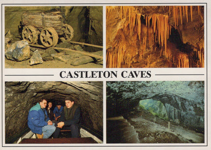 Collage of images from Castleton Caves featuring a cart, stalactites, people in a cave, and a large cave entrance.