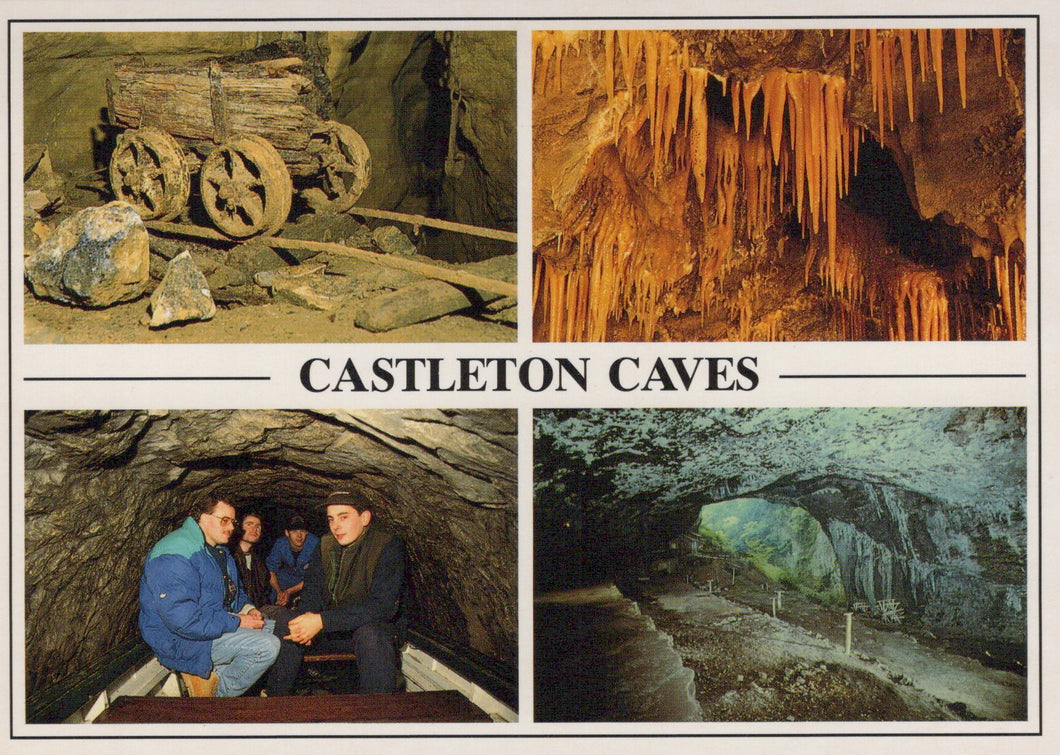 Collage of images from Castleton Caves featuring a cart, stalactites, people in a cave, and a large cave entrance.