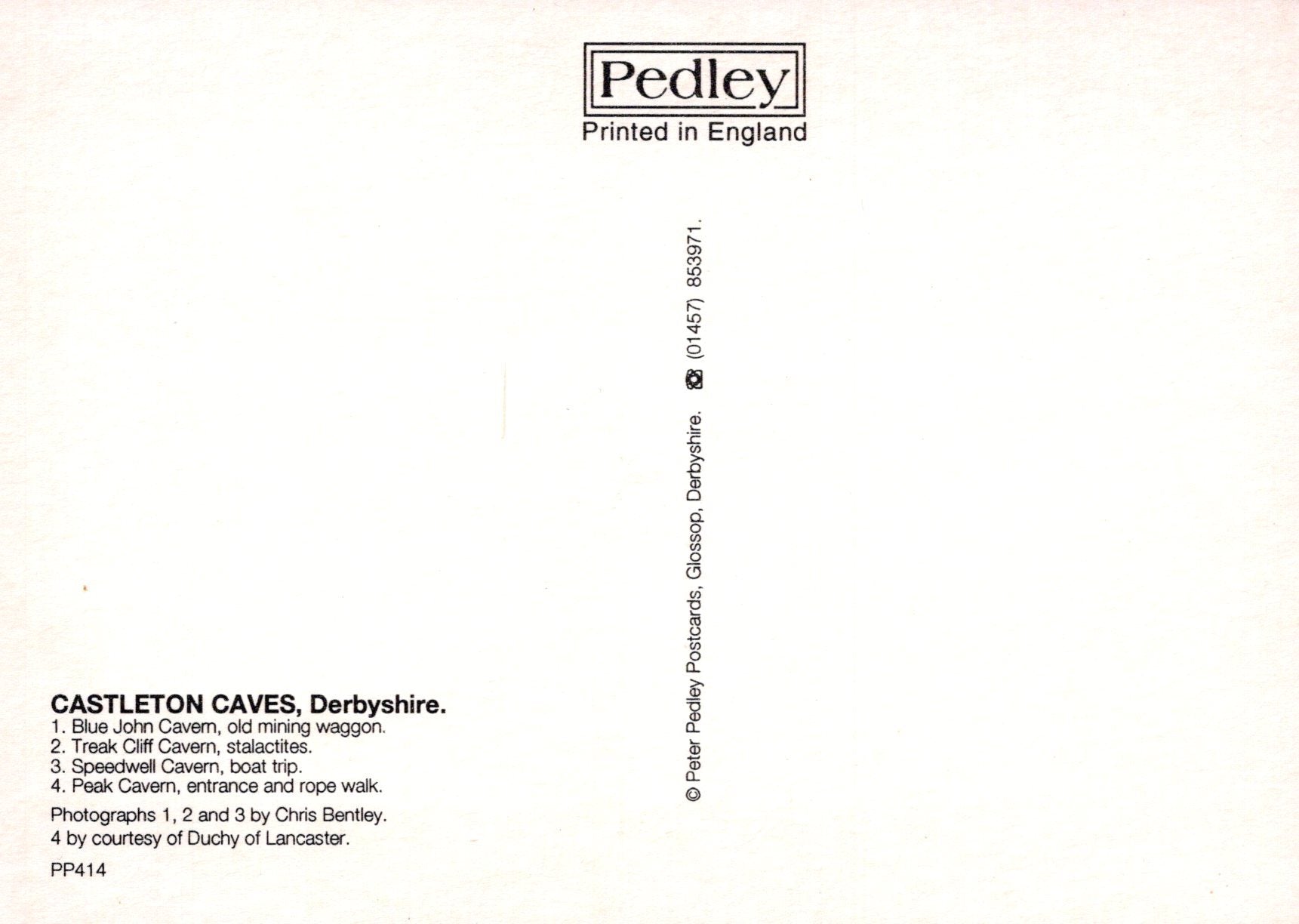 Back cover of a book or magazine with 'Pedley' branding and text about Castleton Caves, Derbyshire.